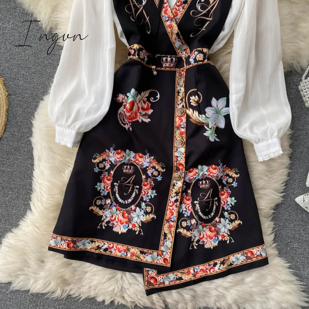 Ingvn - Spring Autumn Elegant 2 Piece Set Overalls Dress Women Bow Collar White Shirt Top+ Irregular Flower Print V-Neck Vest Dress