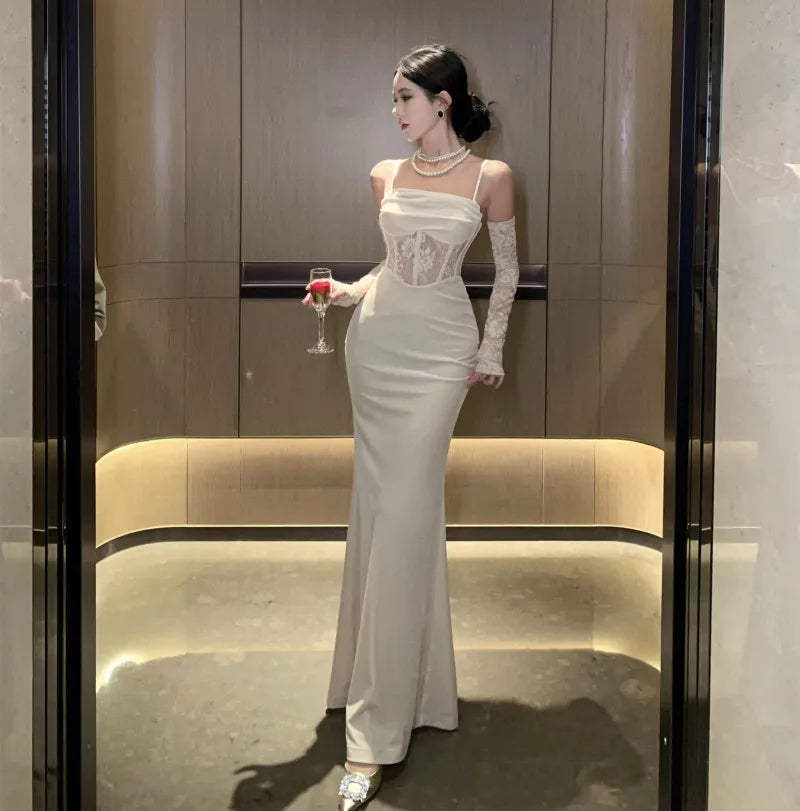 Vintage Sexy Hollow Out Bodycon Spaghetti Strap Long Dresses for Women Elegant Party Prom Velvet Female Clothing Holiday Robe