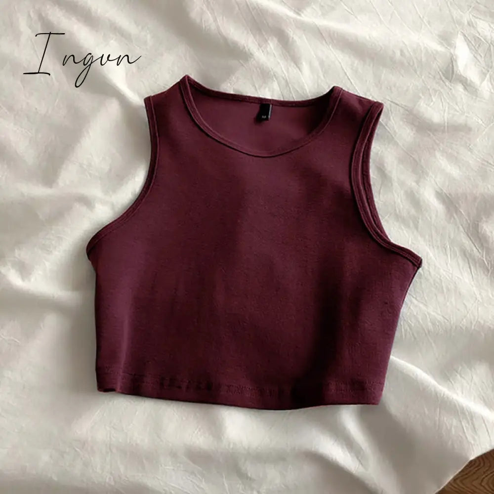 Ingvn - Summer new ladies retro crop top high waist slimming stretch slim short sleeveless bottoming top