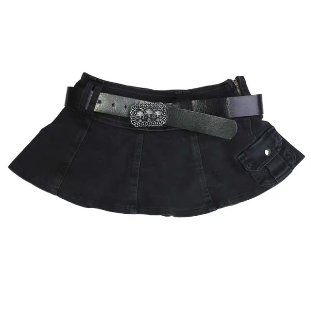 Harajuku Y2k Denim Skirt Women Dark Gothic Streetwear Mini Skirt with Skull Belt Mall Goth Punk Grunge Sexy Emo Clubwear