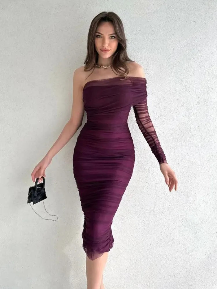 See Through Mesh Midi Dresses For Women Fold Sexy Slim Cocktail Dress Woman Wedding Bodycon Off Shoulder Dress Women's