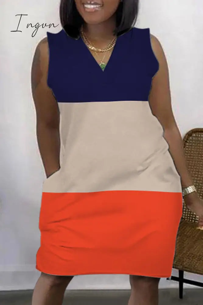 Ingvn - Light Coffee Casual Print Patchwork V Neck Sleeveless Dress Dresses