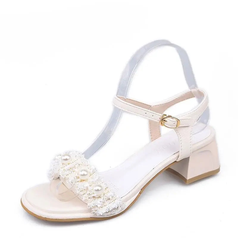 Sandals for Woman Thick Heel Block Women's Shoes Leather Summer One Word Open Toe Footwear Chunky Vip Sandal The Best