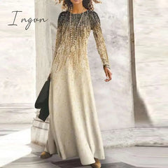 Ingvn - Fashion Shiny Long Office Lady Party Dress Women Vintage Round Neck Long Sleeve Maxi Dress Autumn Slim Boho Spring Dresses