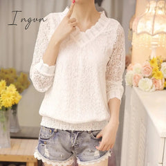 Ingvn - New Arrived Autumn Women Blouse Long Sleeve V Collar Lace Shirt Woman Sweet Temperament Trim Slim Fit Bottom Shirt 1066 40