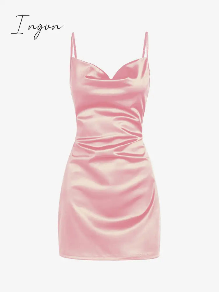 Ingvn - Women's Sexy Satin Dress Spaghetti Strap Slips Nightwear Side Slit Cocktail Party Silk Mini Dresses