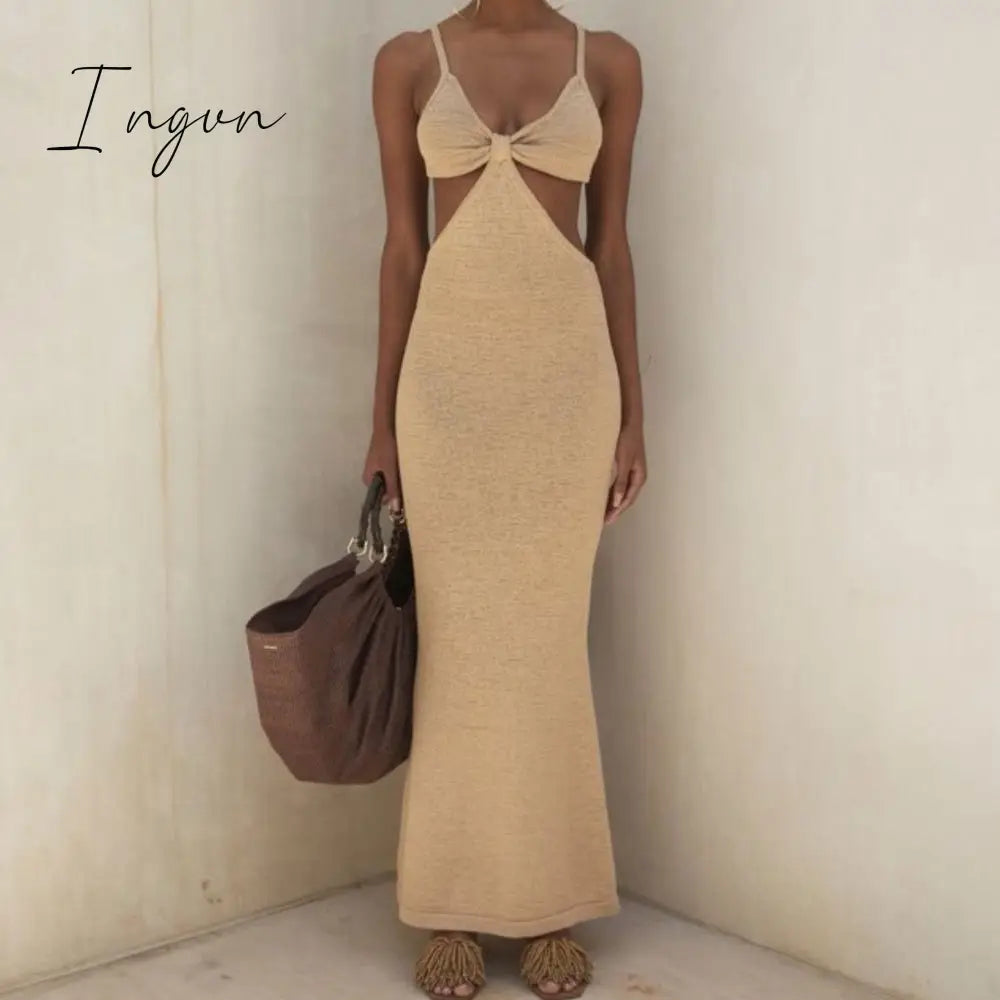 Ingvn - Spaghetti Strap Sexy Backless Maxi Dresses See Through Sexy Women Dresses Party Club Elegant Hollow Dress Sundress