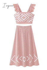 Ingvn - Casual Plaid Geometric Print Ruffle Patchwork Square Neck Two Pieces
