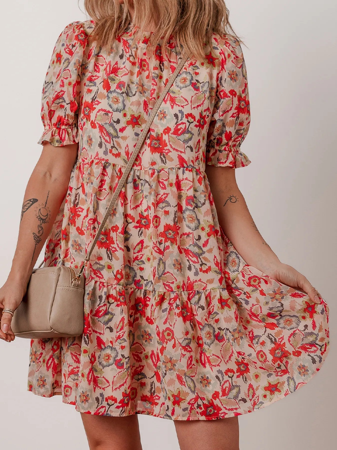 Floral Print Frilled Neck Puff Sleeve High Waist Dress