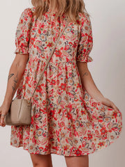 Floral Print Frilled Neck Puff Sleeve High Waist Dress