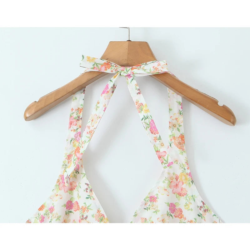 Sexy Backless Floral Print Halter Dress For Women Sleeveless Low Waist Holiday Summer Short Dress Party Robe