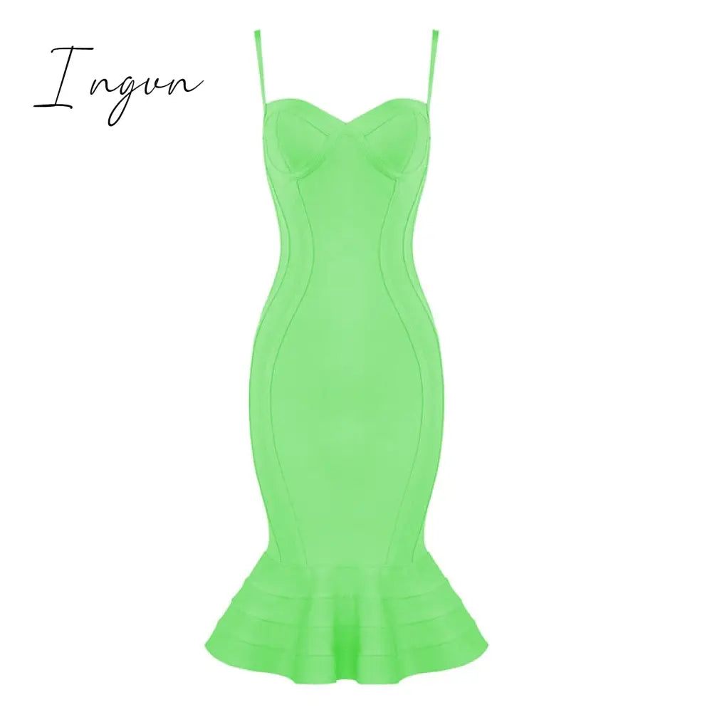Ingvn - High Quality Pink Yellow Knee Length Rayon Bandage Dress Evening Party Elegant Dress
