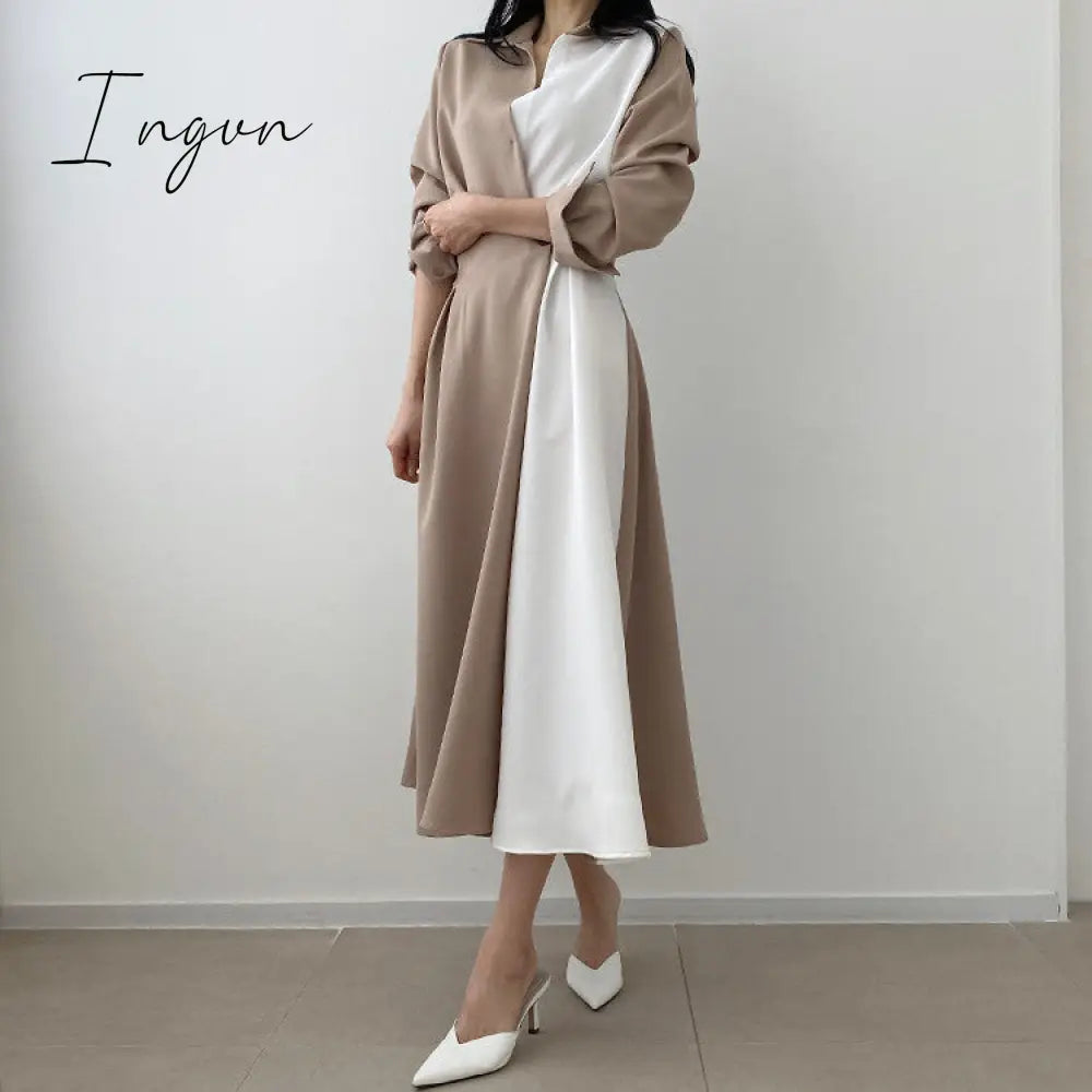 Ingvn - Spring Autumn Retro Temperament Contrast Color Lapel Long-Sleeved Shirt Female Midi Dress Korean Elegant Fashion Slim Chic Dress