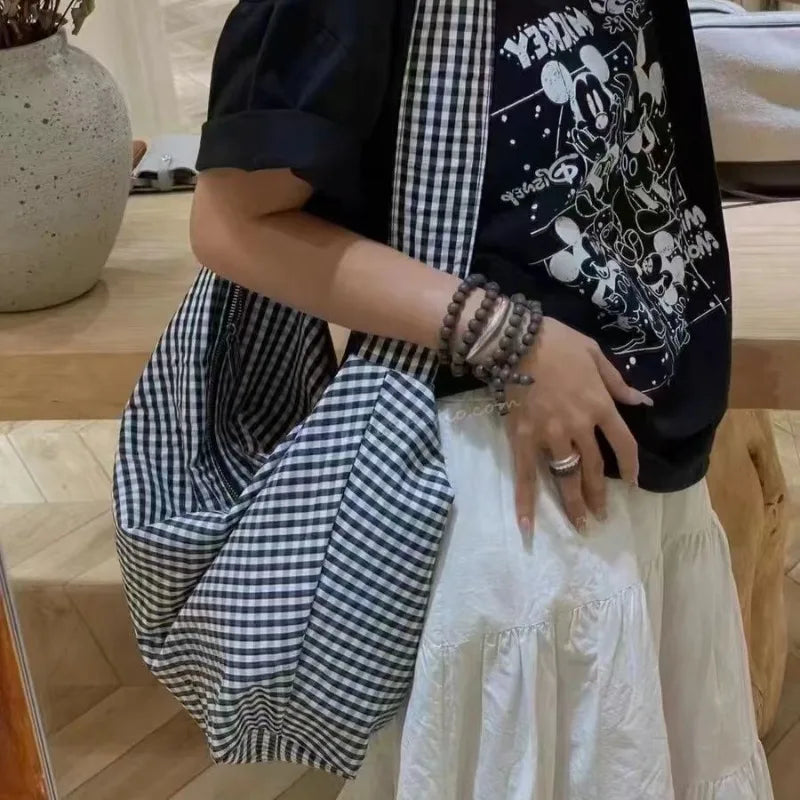 Ingvn  Oversized Checkered Canvas Bag Shoulder Bags for Women Canvas Large Capacity Shopping Totes 2024 New Luxury Handbags