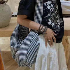 Ingvn  Oversized Checkered Canvas Bag Shoulder Bags for Women Canvas Large Capacity Shopping Totes 2024 New Luxury Handbags