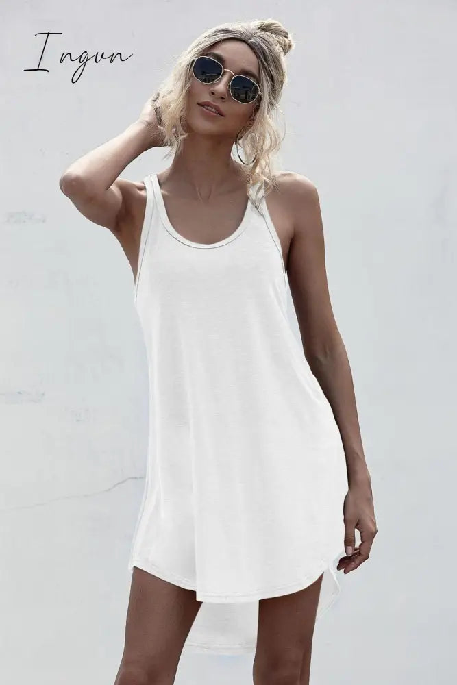Ingvn - Solid Casual O-neck Sleeveless Tank Dress Women Loose Off Shoulder Asymmetrical Cotton Mini Dress