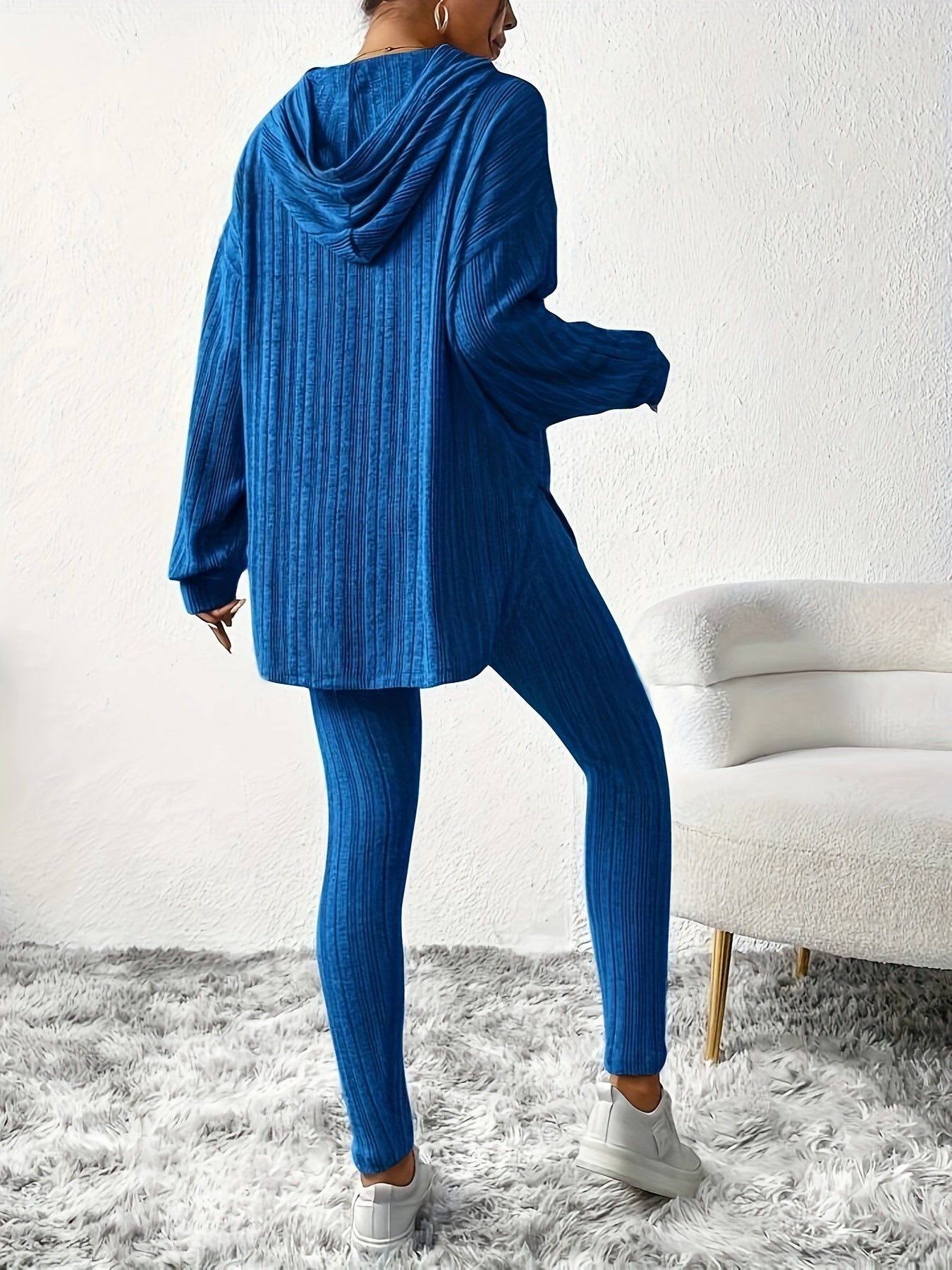 Sleek Duo, Elegant Solid Color Ribbed Hoodie & Leggings Set for Women - Long Sleeve, Polyester Blend, Machine Washable - Perfect for Spring/Fall