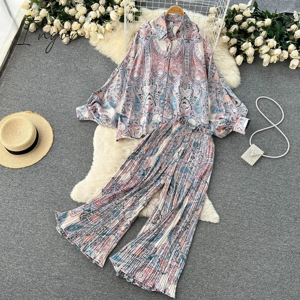 Ingvn - Women's Dress Spring Retro Print Casual Set Design Batwing Sleeve Single Breasted Blouse+High Waist Long Pants Two Piece Suits