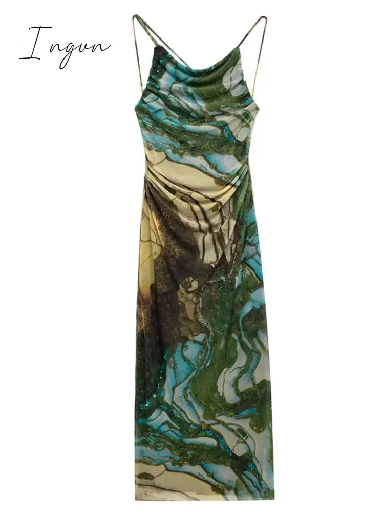 Ingvn - High Quality Bodycon Mesh Dress Women Green Printing Maxi Dress Sexy for Celebrity Evening Club Night Dresses