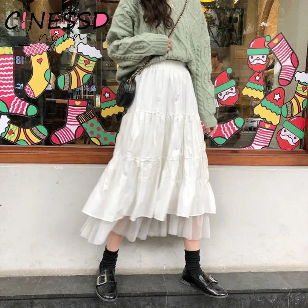 Ingvn - Long Tulle Midi Skirts Womens Autumn Elastic High Waist Mesh Tutu Pleated Skirts Female Black White Long Skirt Streetwear