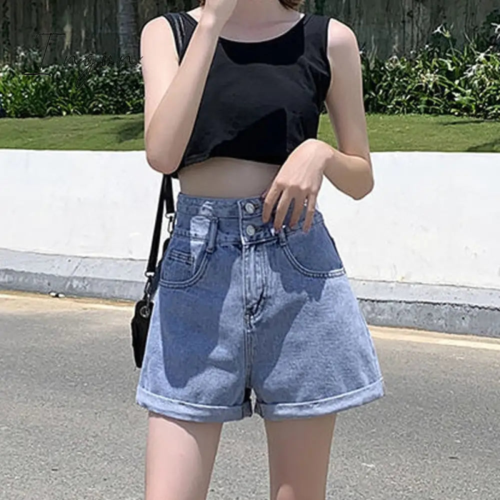 Ingvn - Black Denim Double-breasted Shorts Women Summer Hot Girls College All-match Solid Younger Ins Prevalent High Waist Casual Mujer