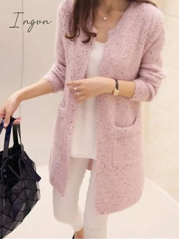 Ingvn - Women's Pullover Sweater Jumper Jumper Ribbed Knit Pocket Solid Color Crew Neck Stylish Casual Daily Going out Fall Winter Pink Wine One-Size