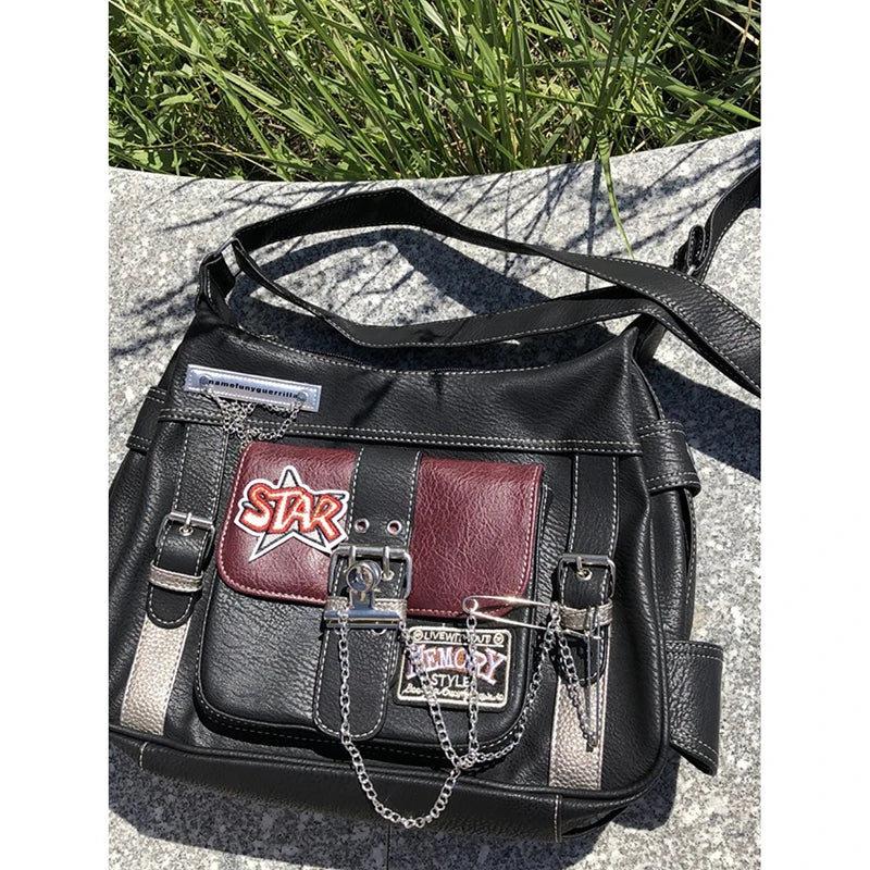 Ingvn  Women Y2k Shoulder Bag Fashion Chains Designer Grunge Bags Pu Leather Aesthetic Crossbody Handbags Hiphop Street Style Cool Girl