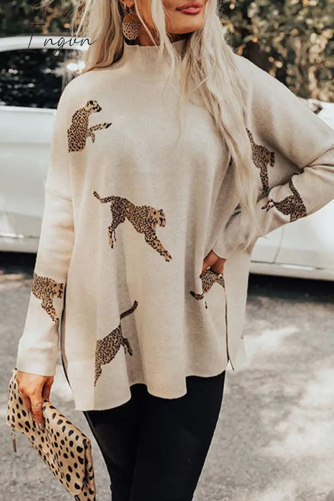 Ingvn - Casual Animal Slit Printing Turtleneck Tops