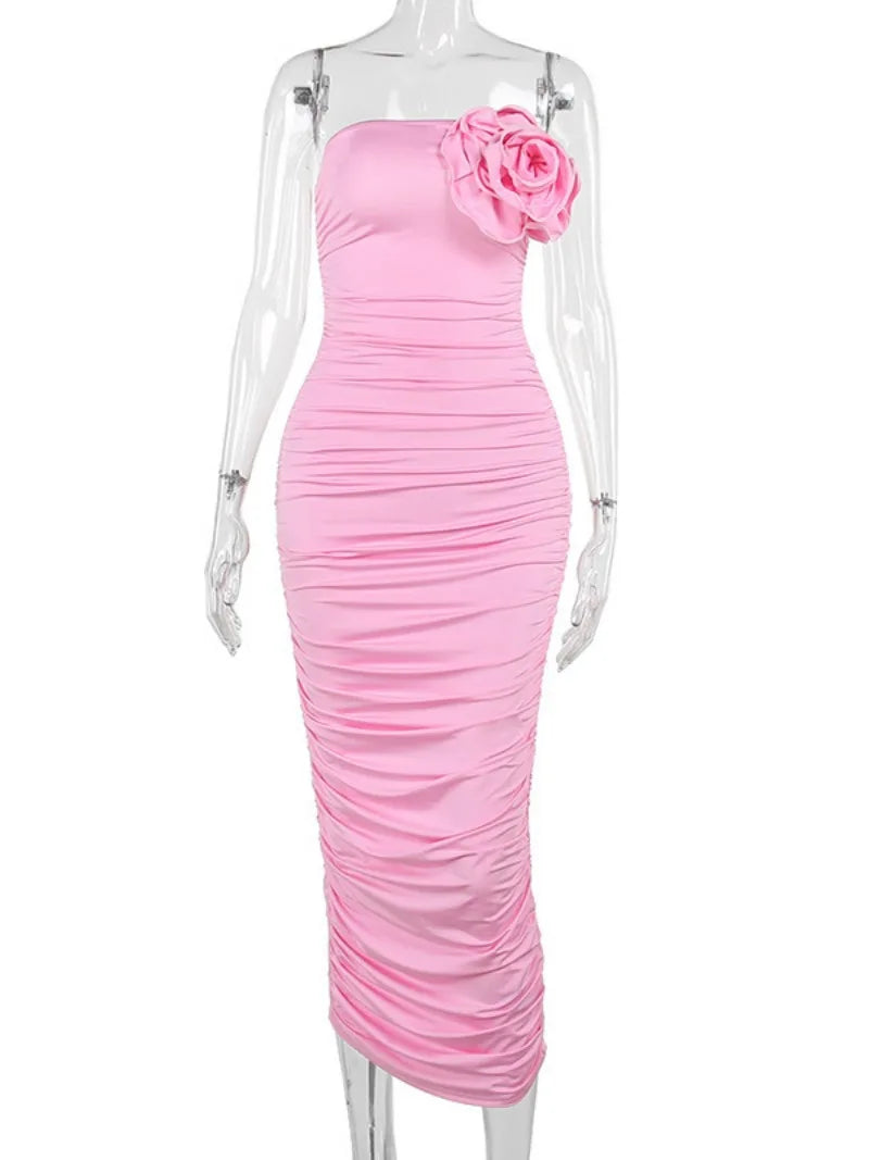 Ingvn  Elegant Womens Flower Flower Decoration Pink Dress  Sexy Strapless High Waist Tunics Shirring Slit Mid-calf Evening Dresses