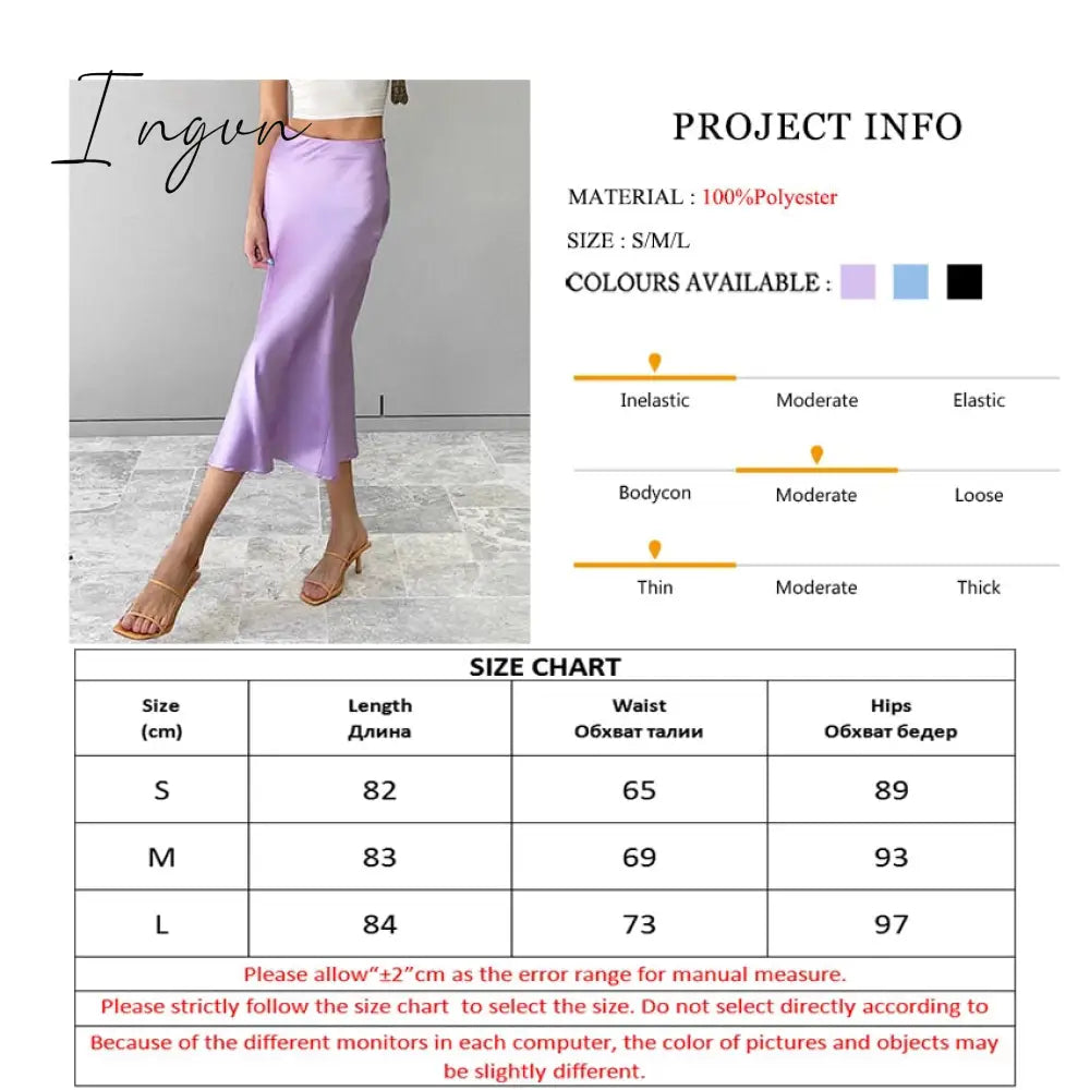 Ingvn - Solid Purple Satin Silk Skirt Women High Waisted Summer Long Skirt New Elegant Ladies Office Skirts Midi Spring