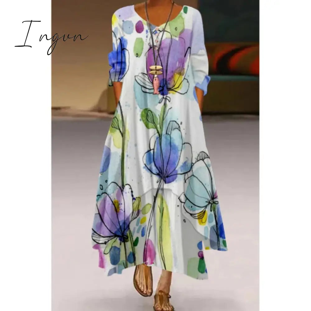 Ingvn - Fashion Summer Maxi Dress Women's Printed Sundress Casual Short Sleeve Vestidos Female High Waist Robe Femme midi elbise