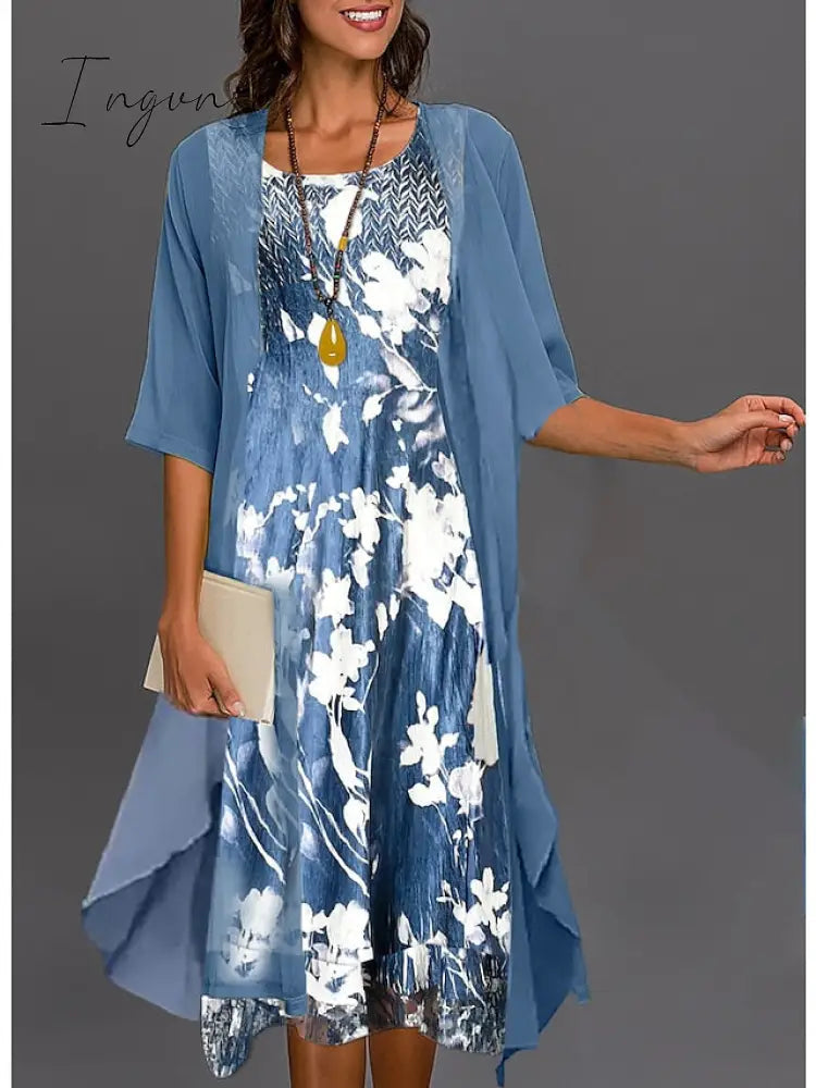 Ingvn - Women‘s Dress Set Two Piece Dress Midi Dress Green Blue Gray Half Sleeve Floral Print Summer Spring U Neck Casual 2023 S M L XL XXL 3XL