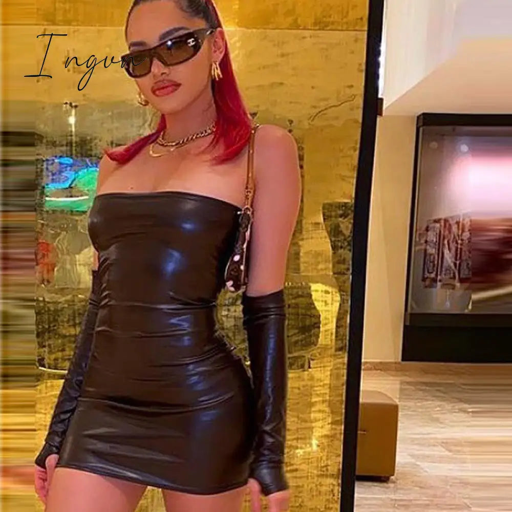 Ingvn - Faux PU Leather With Gloves Party Dress Women Backless Sexy Hot Clubwear Skinny Slim Solid Fashion Bodycon Mini Dresses