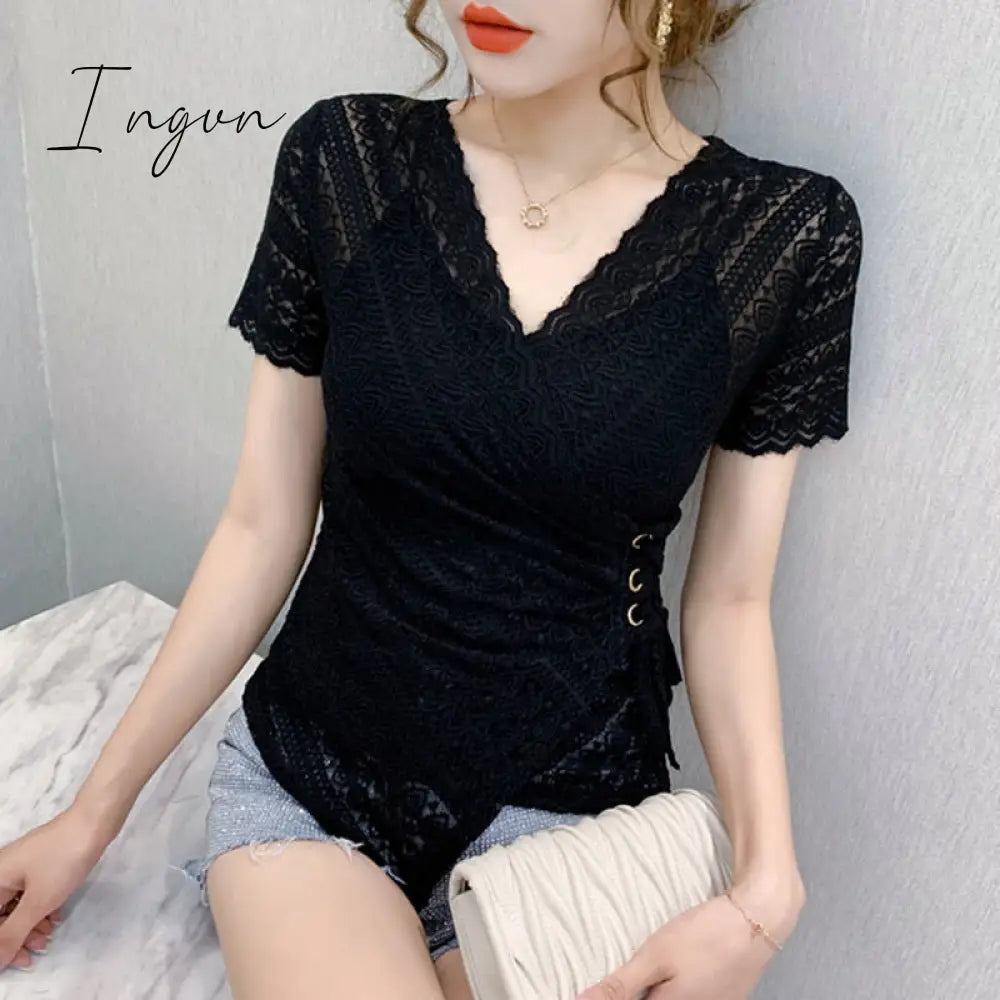 Ingvn - 5XL Women lace tops New Arrivals Summer short sleeve v-neck women blouse shirt Sexy Hollow out lace tops plus size blusas