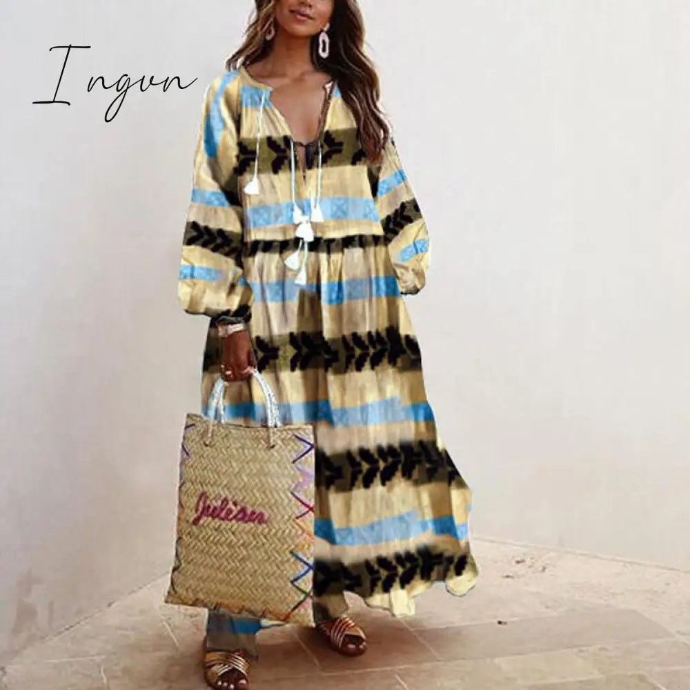 Ingvn - V-neck Long Sleeve Print Long Loose Dress