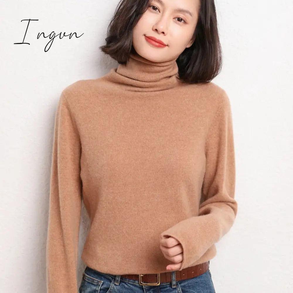 Ingvn - 100% Pure Wool Cashmere Sweater Fall/Winter Pile Collar Pullover Korean Fashion Casual Knitted Tops Women Jacket Long Sleeve
