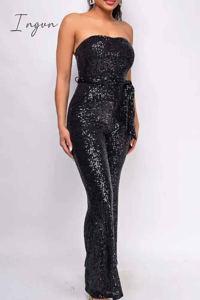 Ingvn - Street Solid Bandage Sequins Patchwork Strapless Regular Jumpsuits(5 Colors)