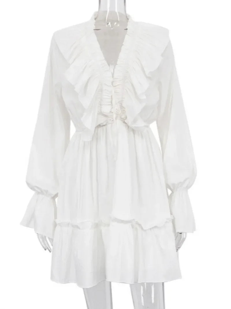 Ingvn  Fall V-neck Flare Sleeve Ruffles Short Dresses Streetwear Women's High Waist Lace-up Tunics Ruched A-line Pink Party Dress