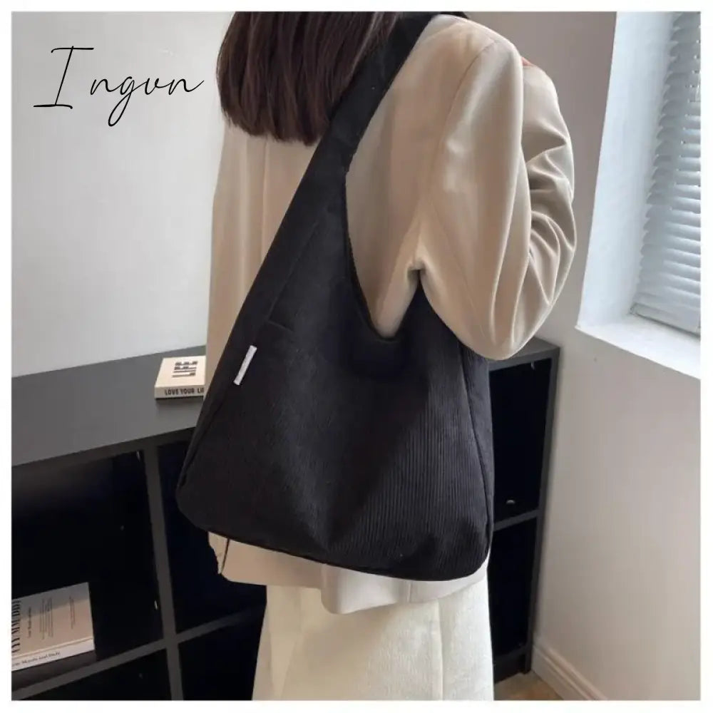 Ingvn - Canvas Shoulder Women's Tote Bag Corduroy Simple Casual Large Capacity Designer Handbags For Women Travel Solid Shopper Bag