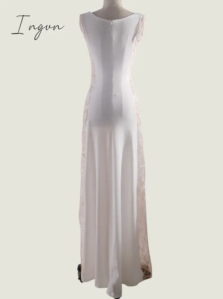 Ingvn - Floor Length Long Dresses For Women Party Wedding Evening Clothes Sleeveless Vintage Vestido Feminino Lace White Dress Elegant