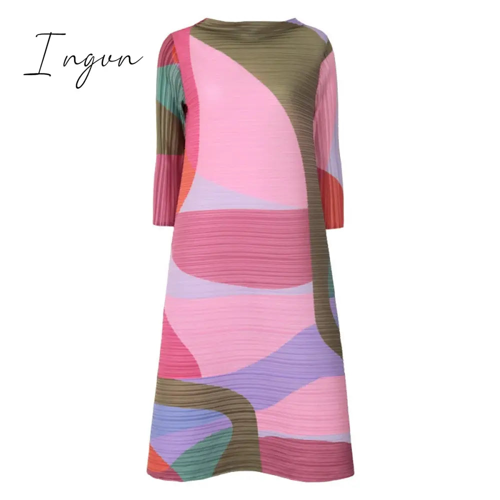 Ingvn - Pleated Dress Women Hit Color Geometric With Belt Sashes Over Size Long Sweet Casual New Spring Fashion Tide