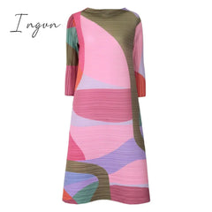 Ingvn - Pleated Dress Women Hit Color Geometric With Belt Sashes Over Size Long Sweet Casual New Spring Fashion Tide
