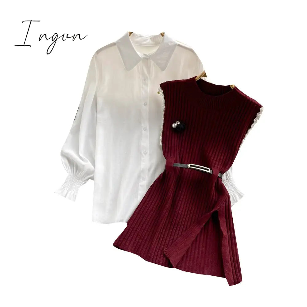 Ingvn - Spring Outfits Women Sleeve White Shirt Fashion Two Piece Suit Red Cotton Sweater Vest Lady Casual Preppy Style White Belt