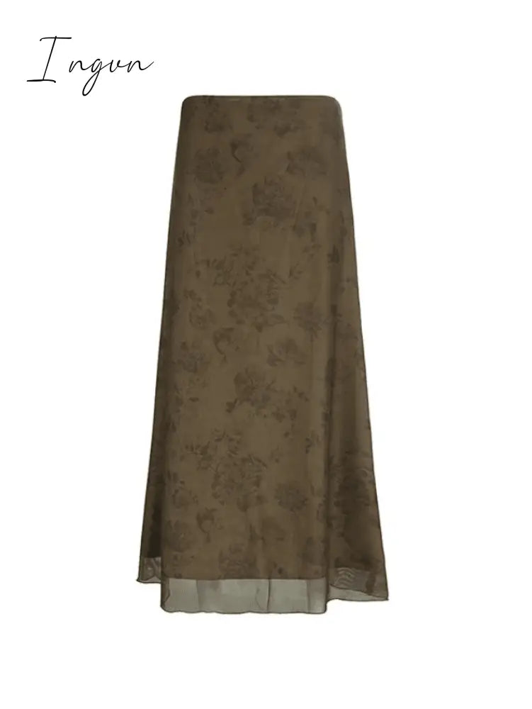 Ingvn - Vintage Mesh Floral Brown Maxi Skirt