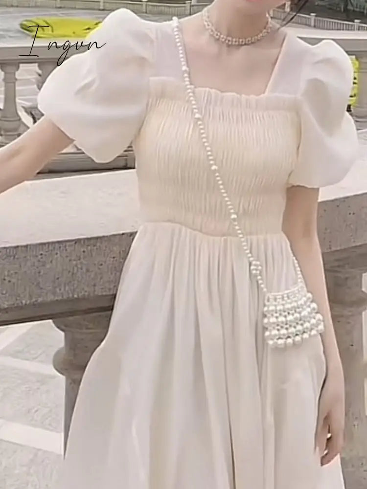Ingvn - Elegant Dress for Women Ruffles Square Collar Short Sleeve French Style High Waisted A Line Party Midi White Dresses
