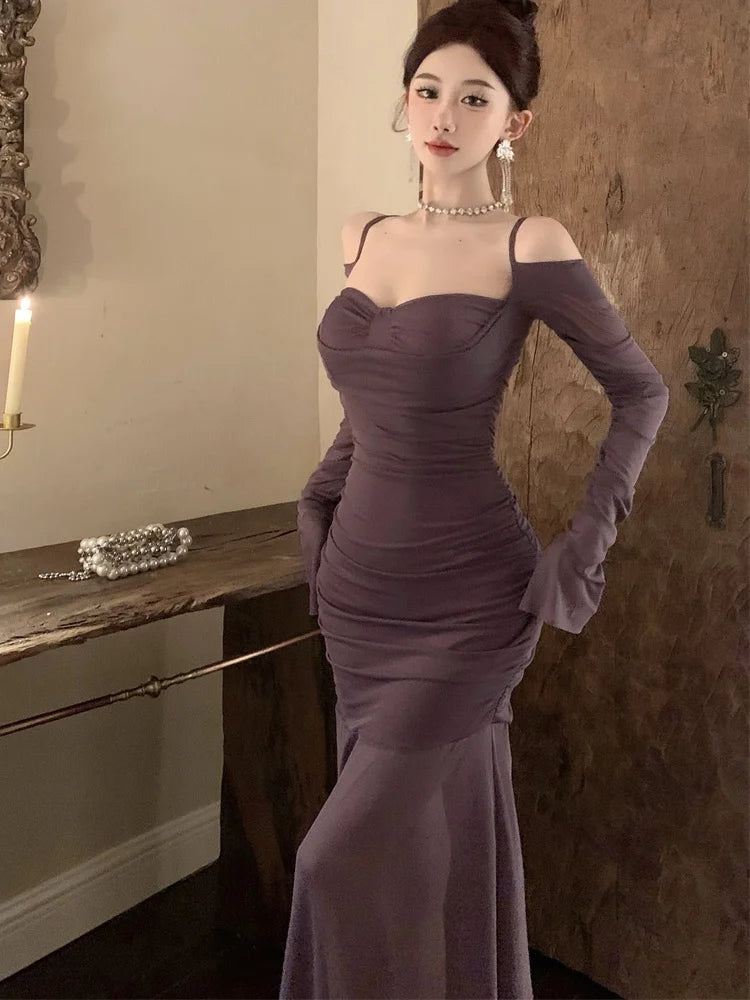 Sexy Spaghetti Straps Mermaid Dresses Elegant Long Sleeve Off Shoulder Pleated Bodycon Vestidos Vintage Party Dress Long Robe