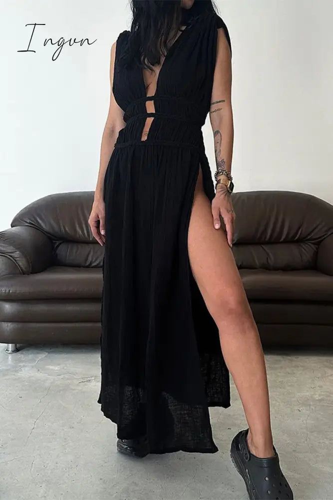 Ingvn - Sexy Bohemian Solid Slit V Neck Beach Dresses