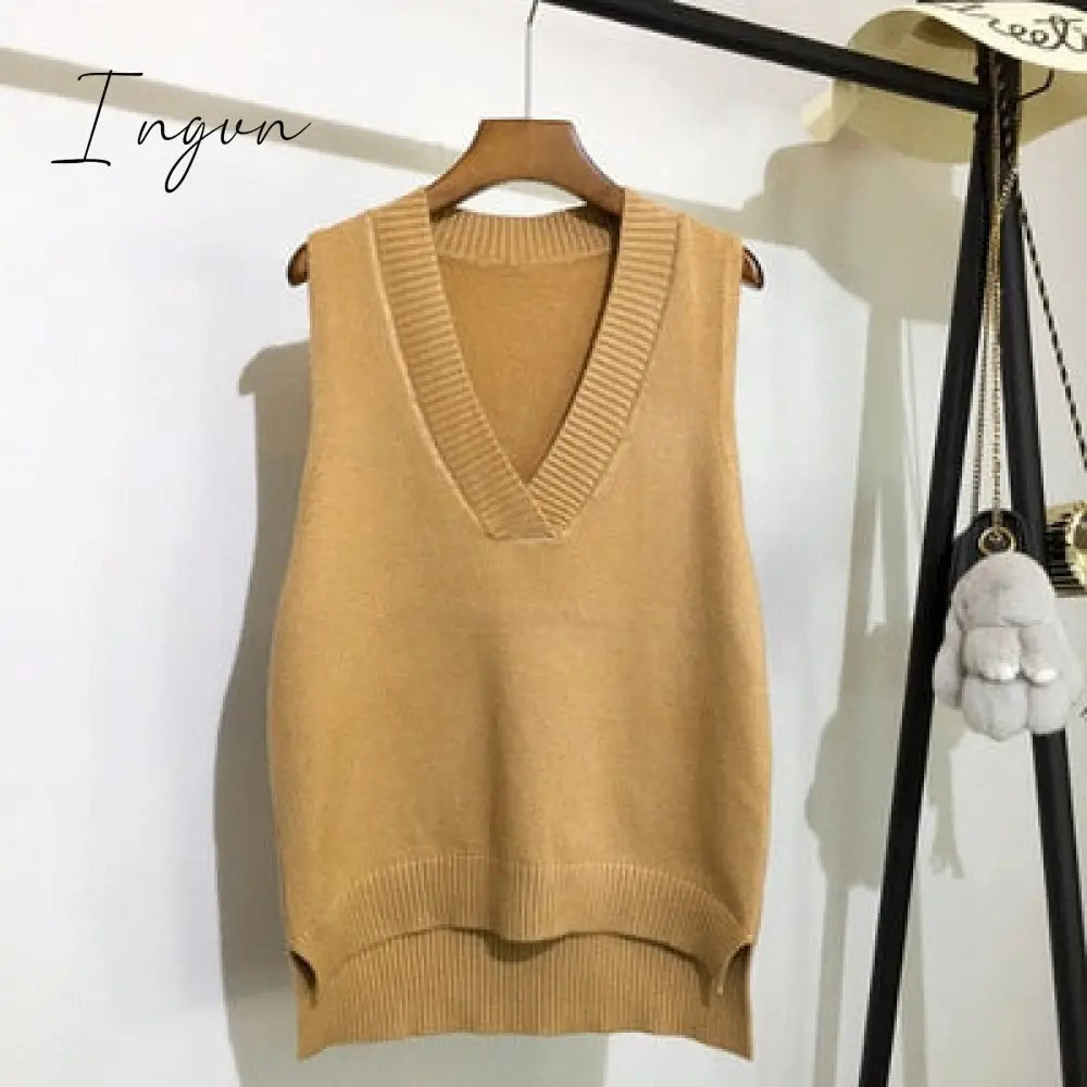 Ingvn - Autumn Women's Sweater Vest V-neck Sleeveless Irregular Casual Loose Knitted Pullover Tops Female Outerwear