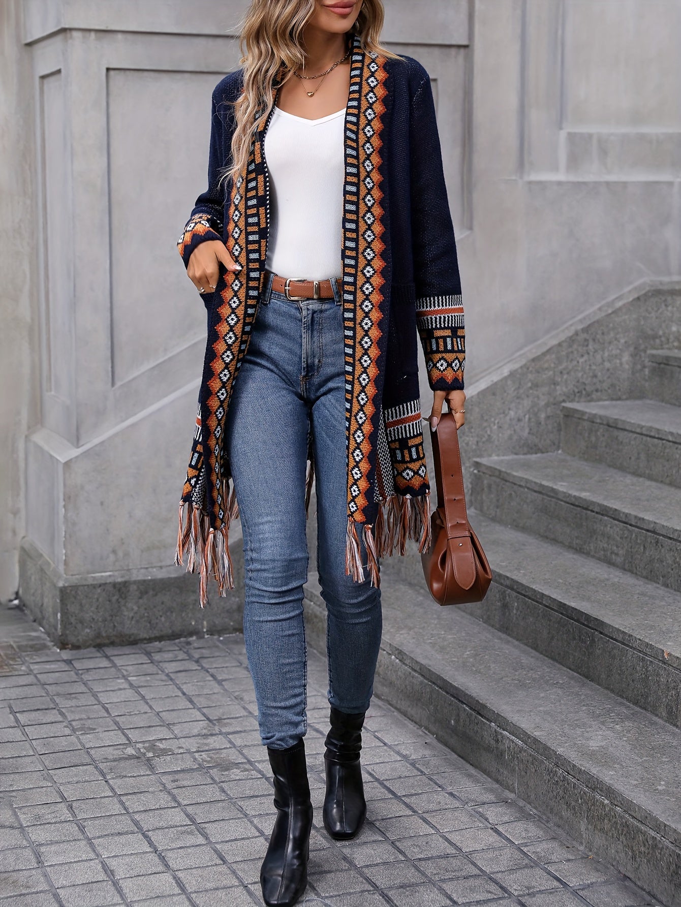 Vibrant Geo Pattern Tassel Hem Cardigan - Long Sleeve, Retro Ethic Style, Soft and Cozy, Perfect for Fall and Winter, Women's Fashion Clothing for Chic and Confident Ladies
