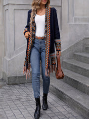 Vibrant Geo Pattern Tassel Hem Cardigan - Long Sleeve, Retro Ethic Style, Soft and Cozy, Perfect for Fall and Winter, Women's Fashion Clothing for Chic and Confident Ladies